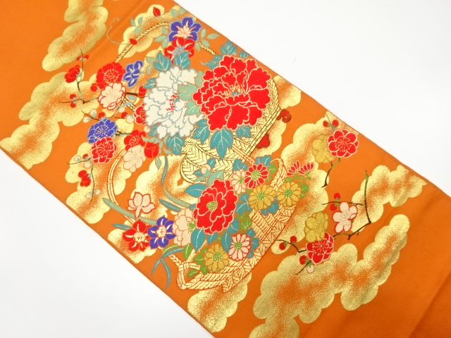JAPANESE KIMONO / ANTIQUE FUKURO OBI / SILK / WOVEN FLOWER BASKET